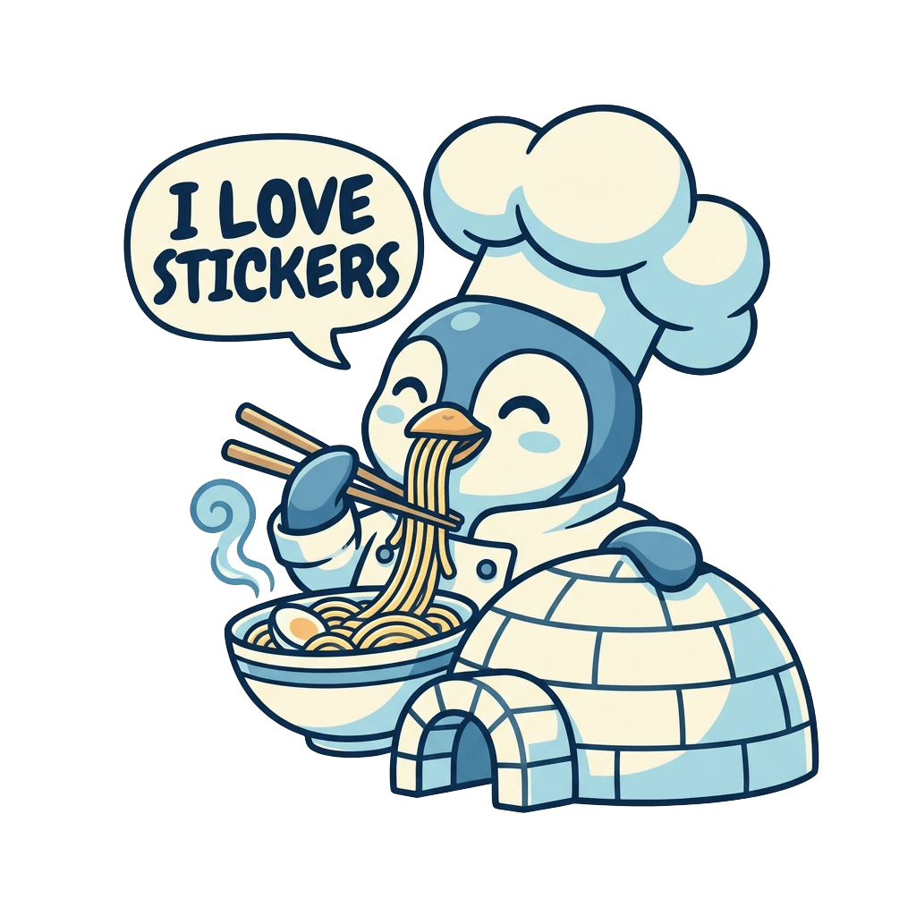 AI sticker of a penguin chef eating ramen by an igloo, generated from the prompt